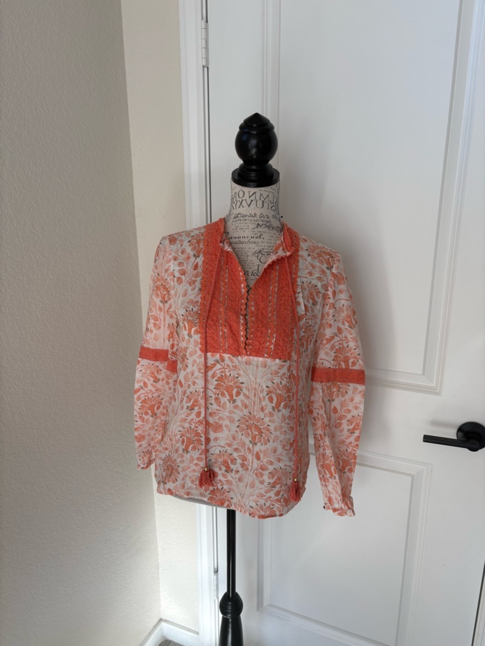 Tory Burch Floral Orange Peasant Blouse with Tassel Tie